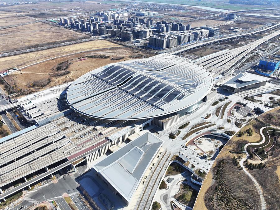 This aerial drone photo taken on March 18, 2026 shows the Xiong'an Railway Station in Xiong'an New Area, north China's Hebei Province.
